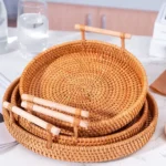 1PC Woven Rattan Storage Basket with Strap Handle round Tray for Bread Snacks Fruits Picnic - Home Organization Basket - Image 6