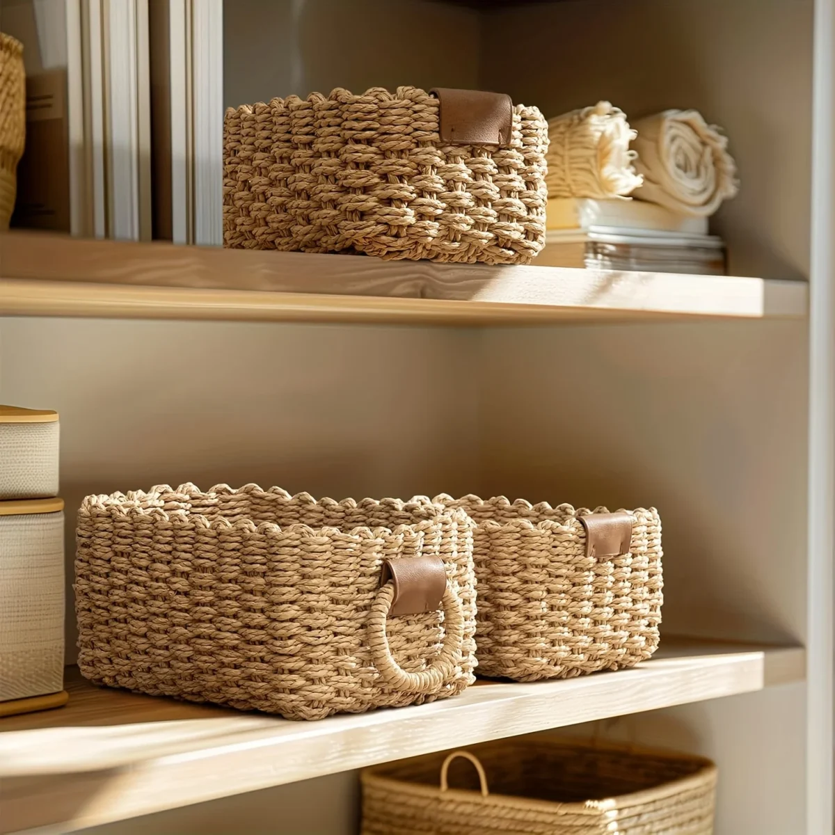 Woven Storage Basket, Paper Rope Storage Basket with Handle, Small Woven Basket for Organising, Decorated Cute Gift Basket - Image 2