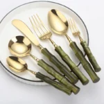 Luxurious Gold-Plated Olive Green Stainless Steel Cutlery Set