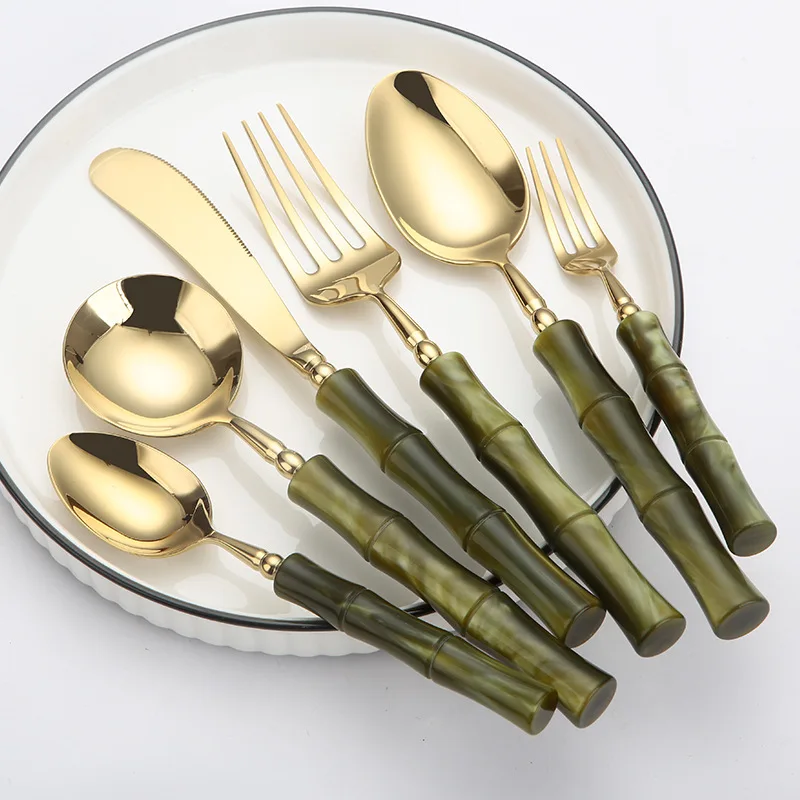 Kf-S9C72E04B0Ad74C00960Afa3Bda91Dcd8U Luxurious Gold-Plated Olive Green Stainless Steel Cutlery Set - Image 1