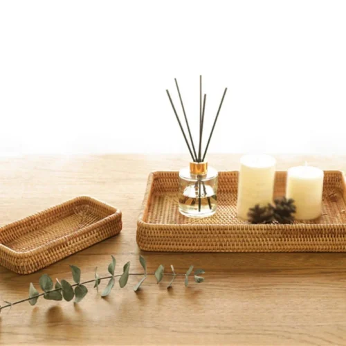 Handwoven Rattan Storage Basket Square Wicker Tray Picnic Basket Bread Food Plate Fruit Cake Sundries Box Home Desk Decor S/M/L