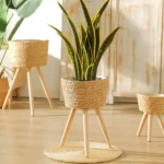 Wood Woven Plant Pot on Standing Legs Household Planter Pot Plant Shelf Indoor Wood Flower Plant Shelf Indoor Weaving Flowerpot