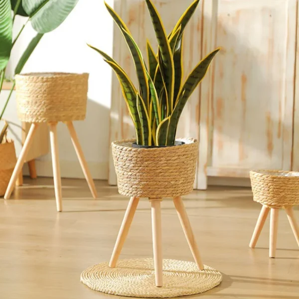 Wood Woven Plant Pot on Standing Legs Household Planter Pot Plant Shelf Indoor Wood Flower Plant Shelf Indoor Weaving Flowerpot