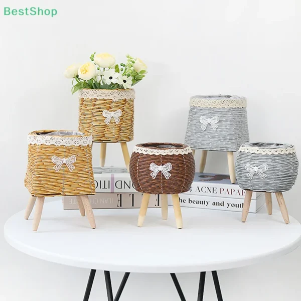 Fashion Rattan Woven Creative Flower Pot With Legs Durable Hand Wove Plant Stand Desktop Plant Pot Basket
