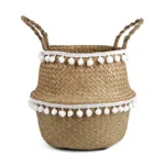 Handmade Bamboo Storage Baskets Foldable Laundry Straw Patchwork Wicker Rattan Seagrass Belly Garden Flower Pot Planter Basket - Image 5