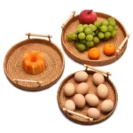 HEMU-Round Rattan Tray, Storage Basket, Tray with Wooden Handle, Bread, Fruit, Cake, Food Plate, Serving Tray for Home Kitchen - Image 2