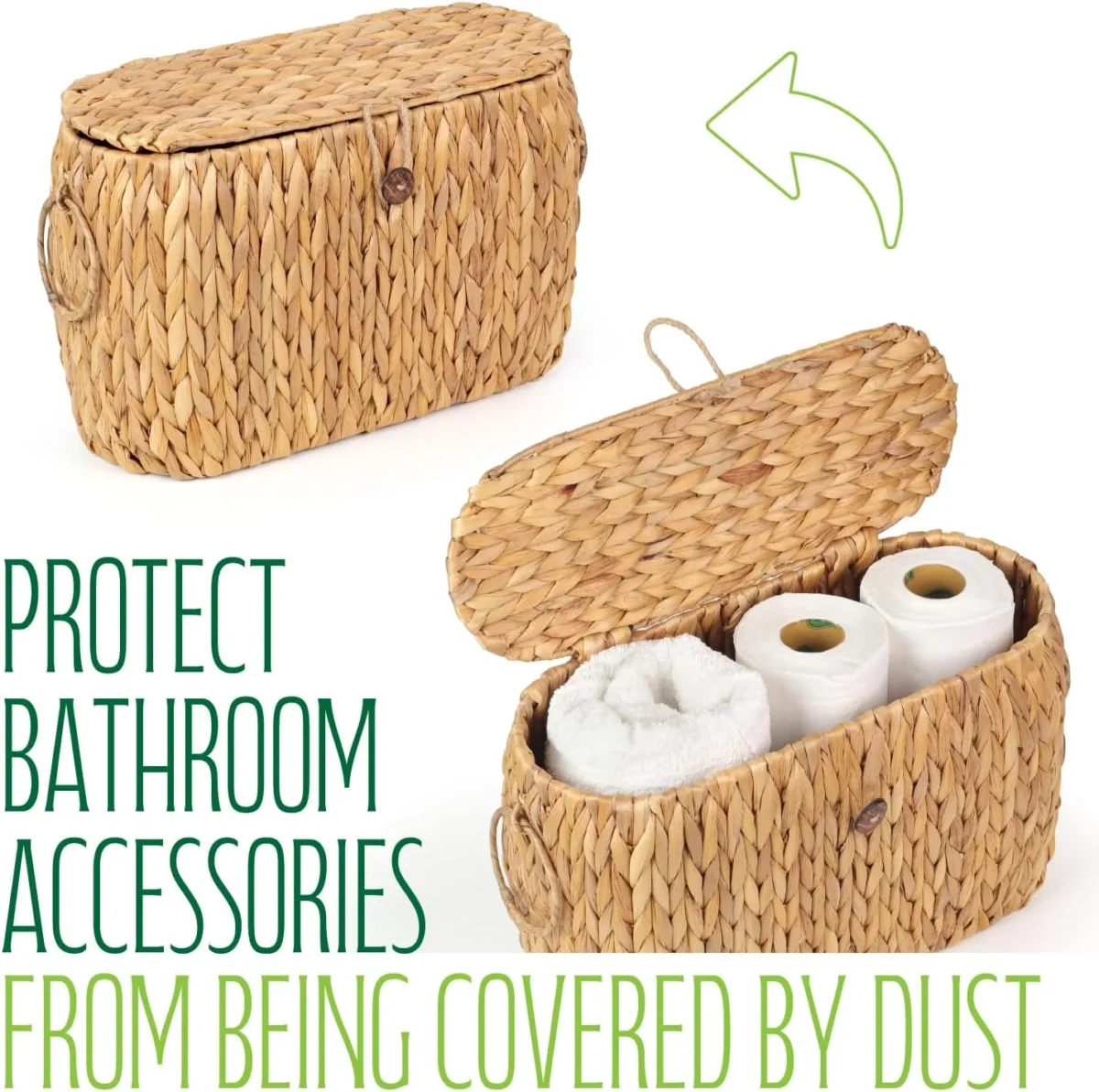 Toilet Paper Storage, Water Hyacinth Baskets with Lid, Toilet Paper Baskets for Storage Holder 6 Rolls, Papers Basket with Built - Image 2