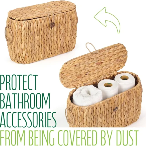 Toilet Paper Storage, Water Hyacinth Baskets with Lid, Toilet Paper Baskets for Storage Holder 6 Rolls, Papers Basket with Built