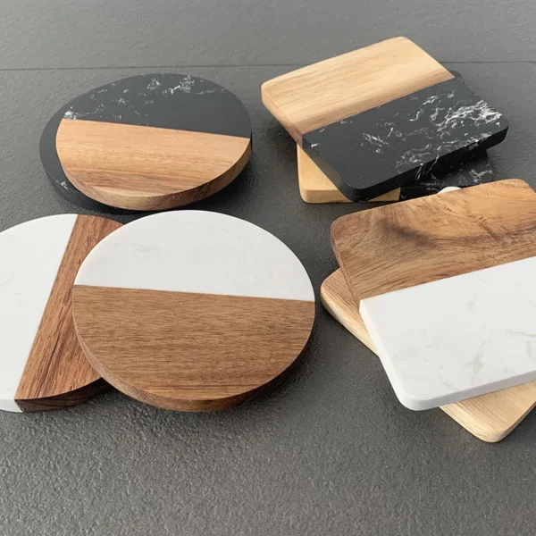 Elegant Marble Coaster with Wood Stitching for Stylish Homes