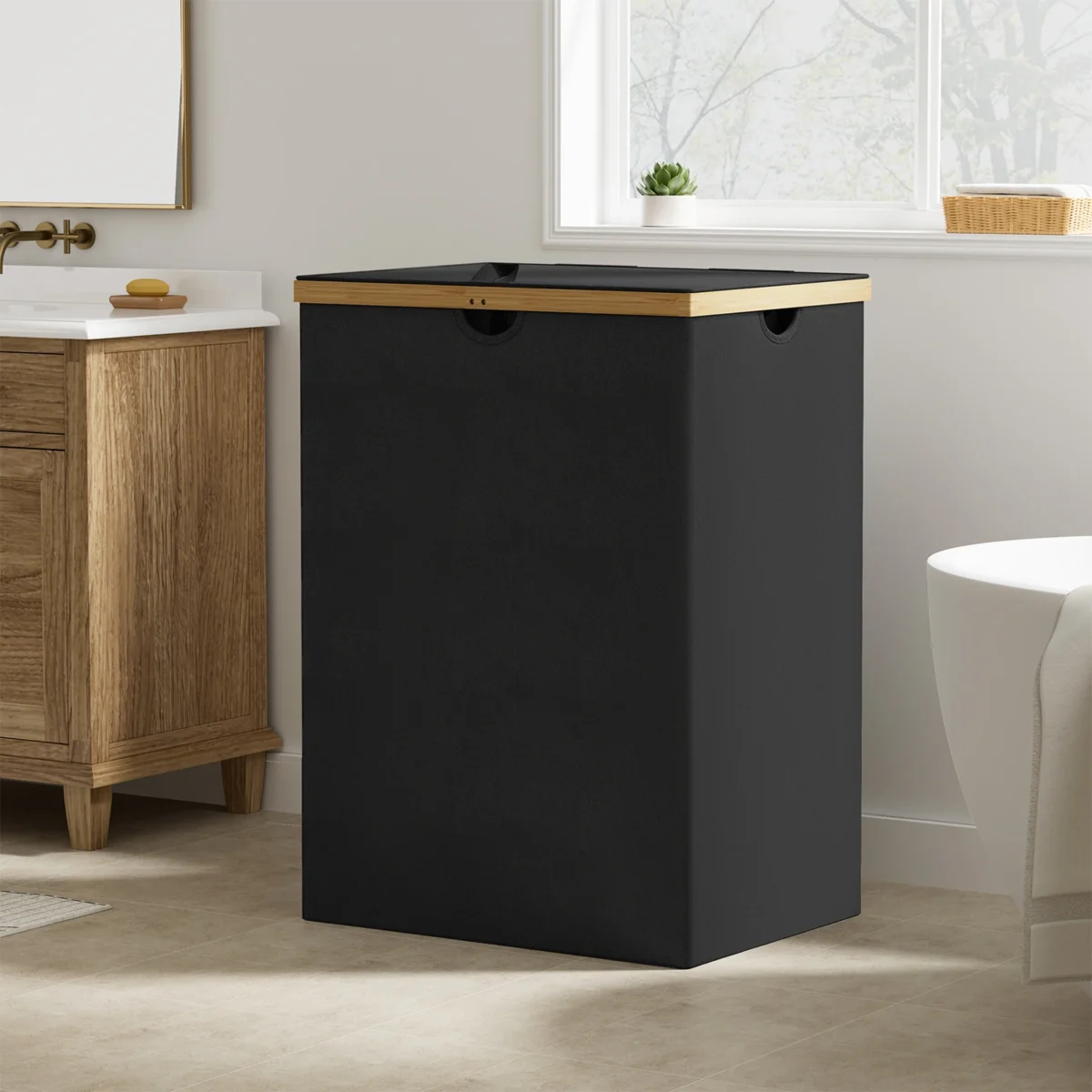 165L Large Laundry Hamper Basket with Bamboo Handle, 2 Compartments, Oxford Fabric, Grey - For Laundry Room, Dorm, Home - Image 3