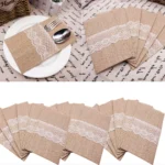 Natural Burlap Tableware Utensil Holders Lace Silverware Holder Bag Wedding Decor Knife Forks Cutlery Pouch Bag Party Supplies - Image 3