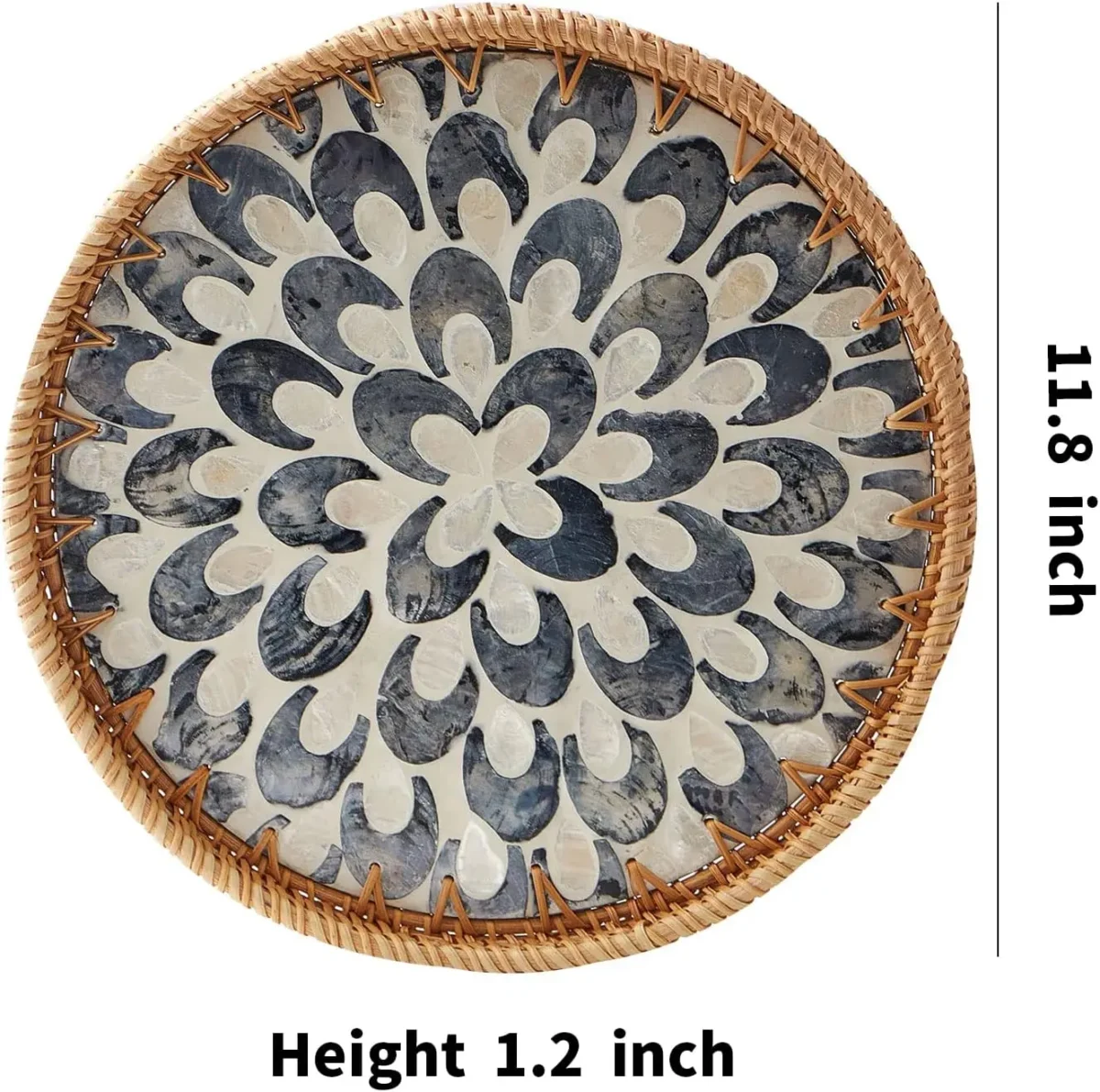 Round Rattan Tray with Mother of Pearl Inlay Rattan Serving Tray Wooden Base Storage and Display of Coffee Bread Food Fruit - Image 4