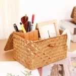 Shelf Baskets with Lid Set of 3 Handwoven Seagrass Storage Box Wicker Basket Desktop Makeup Organizer Multipurpose Container - Image 4