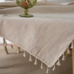 Elegant Cotton Linen Tablecloth with Tassels & Jute Lace Decor