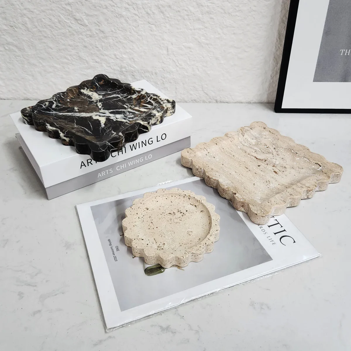 Natural Marble Travertine Tray Square Scalloped Edge Natural Stone Jewelry Organizer Home Decor Storage for Key Rings Essentials - Image 2