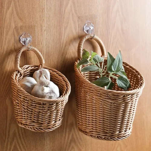 Hanging Portable Wall Hanging Basket Woven Storage Basket Portable Flower Plant Pot Desktop Kitchen Vegetables Storage