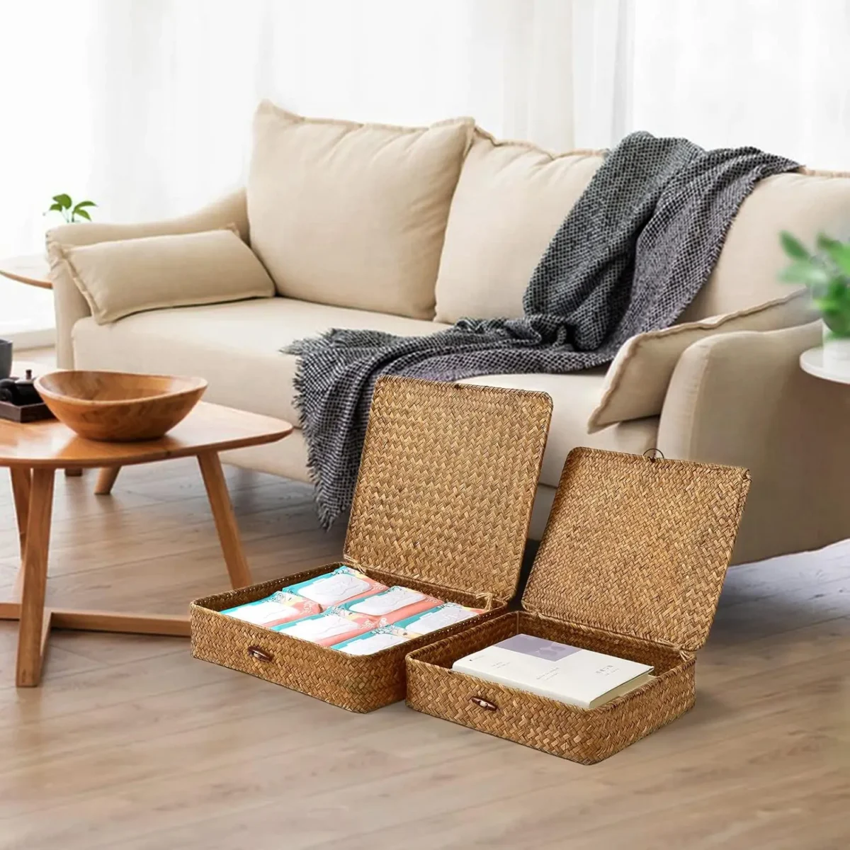 Seagrass Storage Bins with Lid Wicker Storage Baskets for Organizing, Woven Shelf Organizer Bins Home Utility Organizer Box for - Image 6