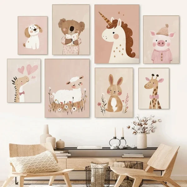 Nordic Pink Cute Cartoon Animal Fox Unicorn Illustration Posters Prints Canvas Painting Living Room Home Decor