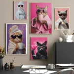 Animal Pink Cat Drinking Coffee Posters Canvas Painting Print Cat Art Room Home Kitchen Bar Cafe Room Wall Decor