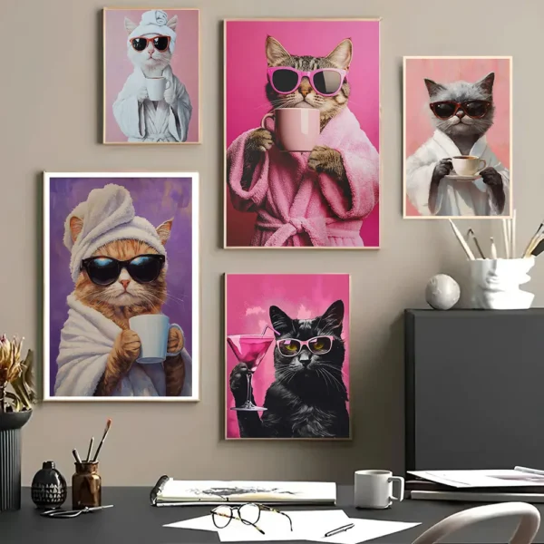 Animal Pink Cat Drinking Coffee Posters Canvas Painting Print Cat Art Room Home Kitchen Bar Cafe Room Wall Decor