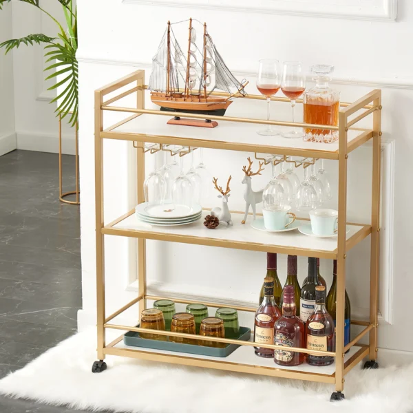 Gold Bar Cart with 3 Shelves, Wine Glass Bottle Storage Bar Serving Cart with Wheels for Kitchen Living Room, 31.5”W