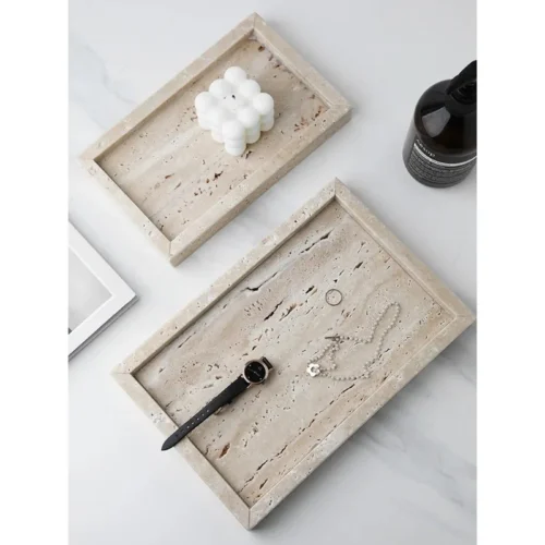 Minimalist Marble Vanity Tray Natural Travertine Stone Bathroom Dresser Organizer | Coffee Table Decor Serving Tray
