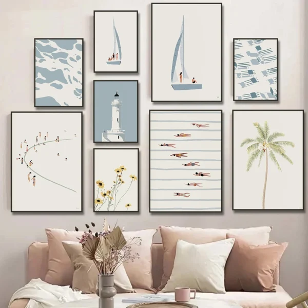Sailboat Swimming Pool Ocean Floral Minimalist Wall Art Canvas Painting Posters and Prints Wall Pictures for Living Room Decor