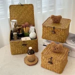 Ins Bear Storage Basket - Woven Willow Desktop Organizer with Dustproof Lid - Image 6