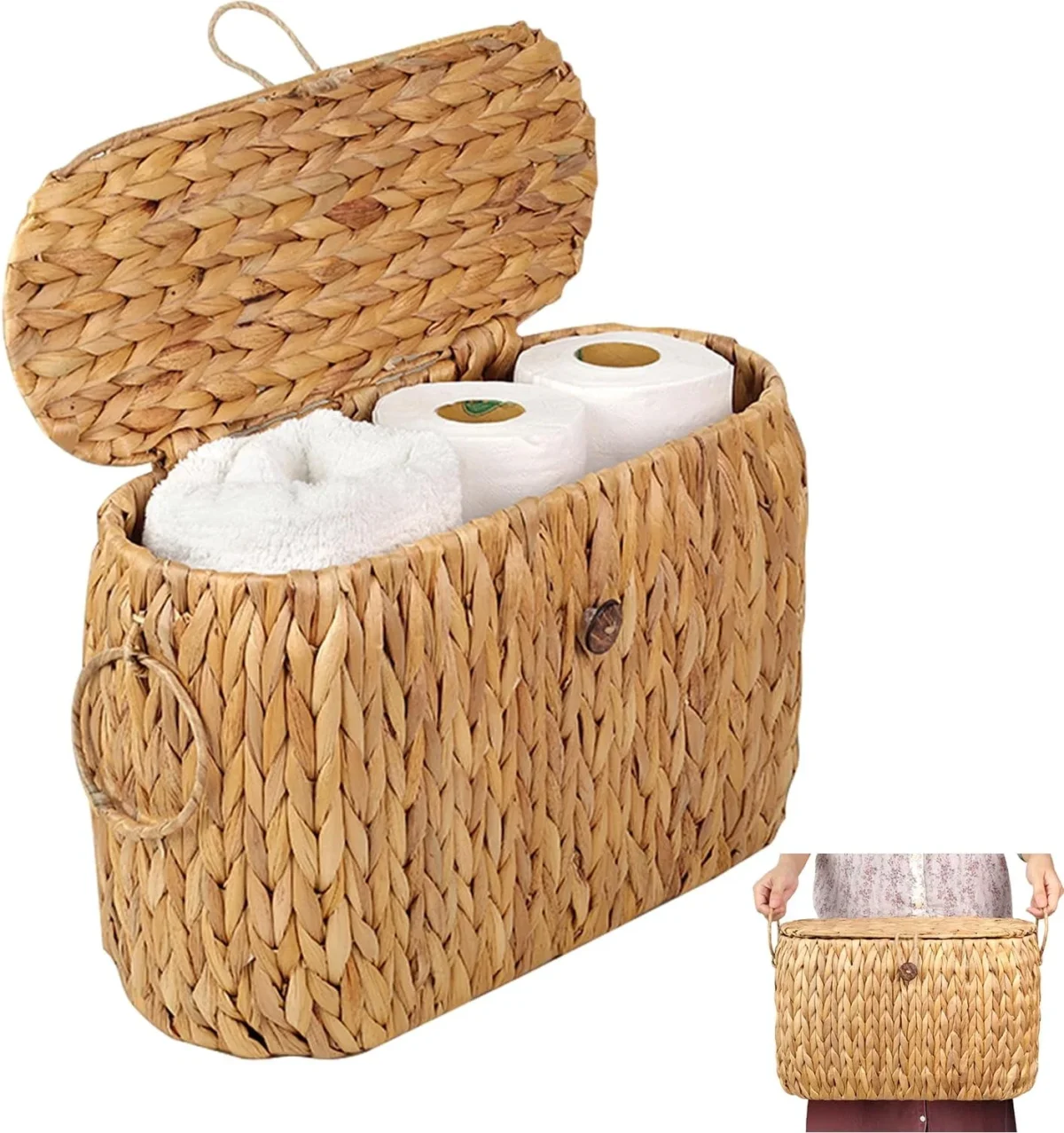 Toilet Paper Storage, Water Hyacinth Baskets with Lid, Toilet Paper Baskets for Storage Holder 6 Rolls, Papers Basket with Built - Image 1