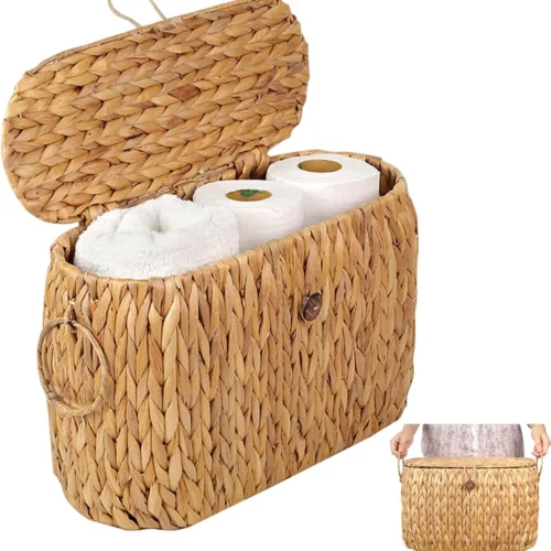 Toilet Paper Storage, Water Hyacinth Baskets with Lid, Toilet Paper Baskets for Storage Holder 6 Rolls, Papers Basket with Built