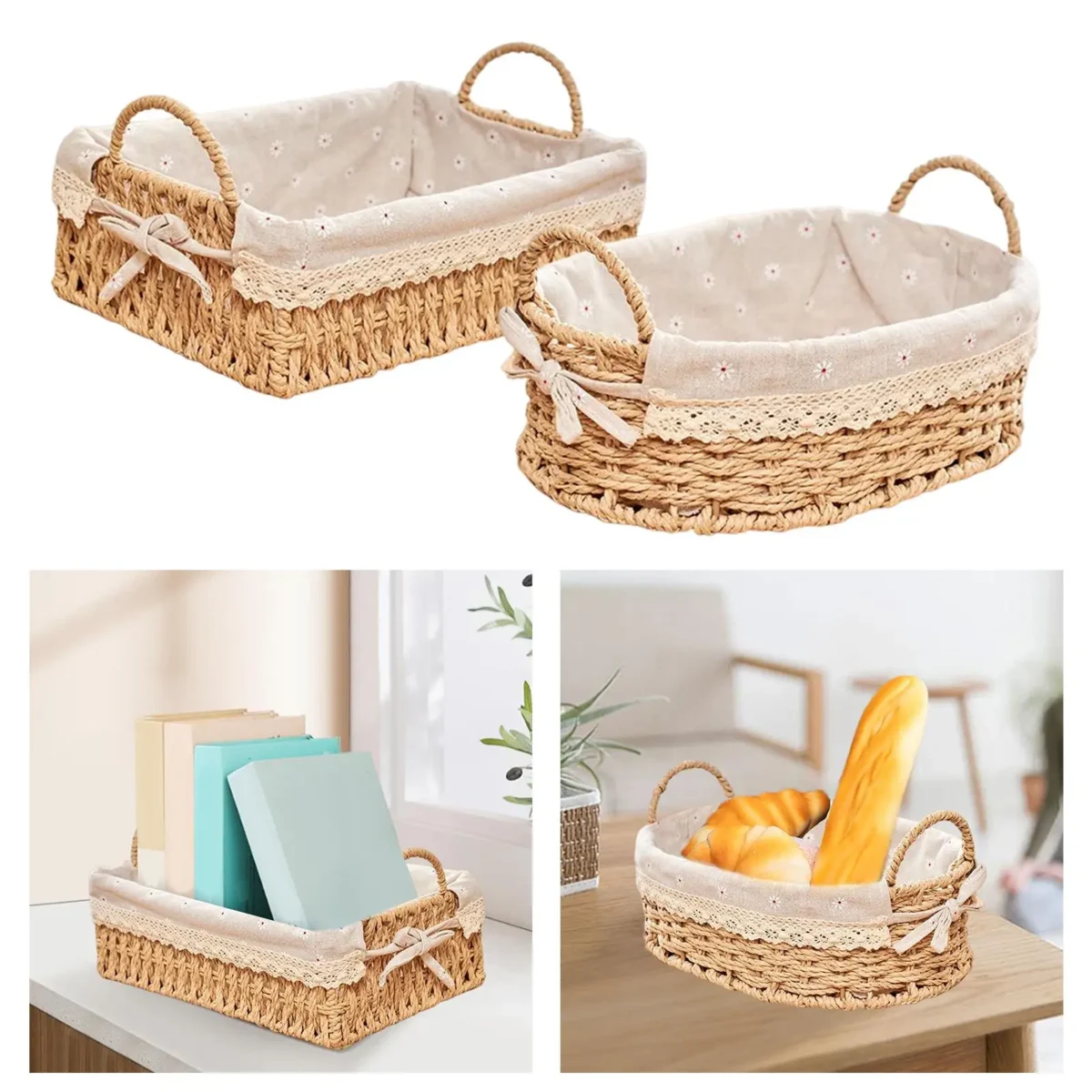 Woven Storage Baskets Kitchen Organizer Handwoven with Handles Cosmetic Box for Breakfast Fruit Bedroom Bathroom Home Decorative - Image 4