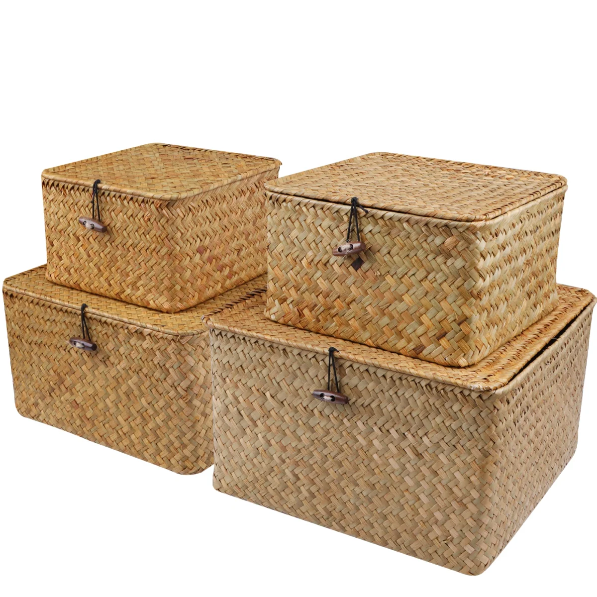 Set of 4 Seagrass Basket with Lid Wicker Storage Basket Decor Storage Boxes Flat Storage Bins Woven Organizer Baskets for Shelf - Image 1