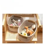 Cotton Rope Woven Storage Basket with Leather Handle Desktop Boite De Rangement Foldable Cosmetic Sundries Organizer box - Image 4