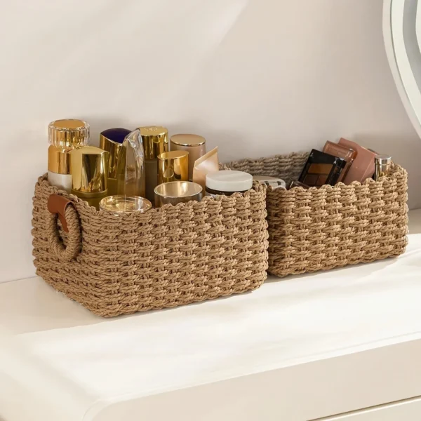 Woven Storage Basket, Paper Rope Storage Basket with Handle, Small Woven Basket for Organising, Decorated Cute Gift Basket