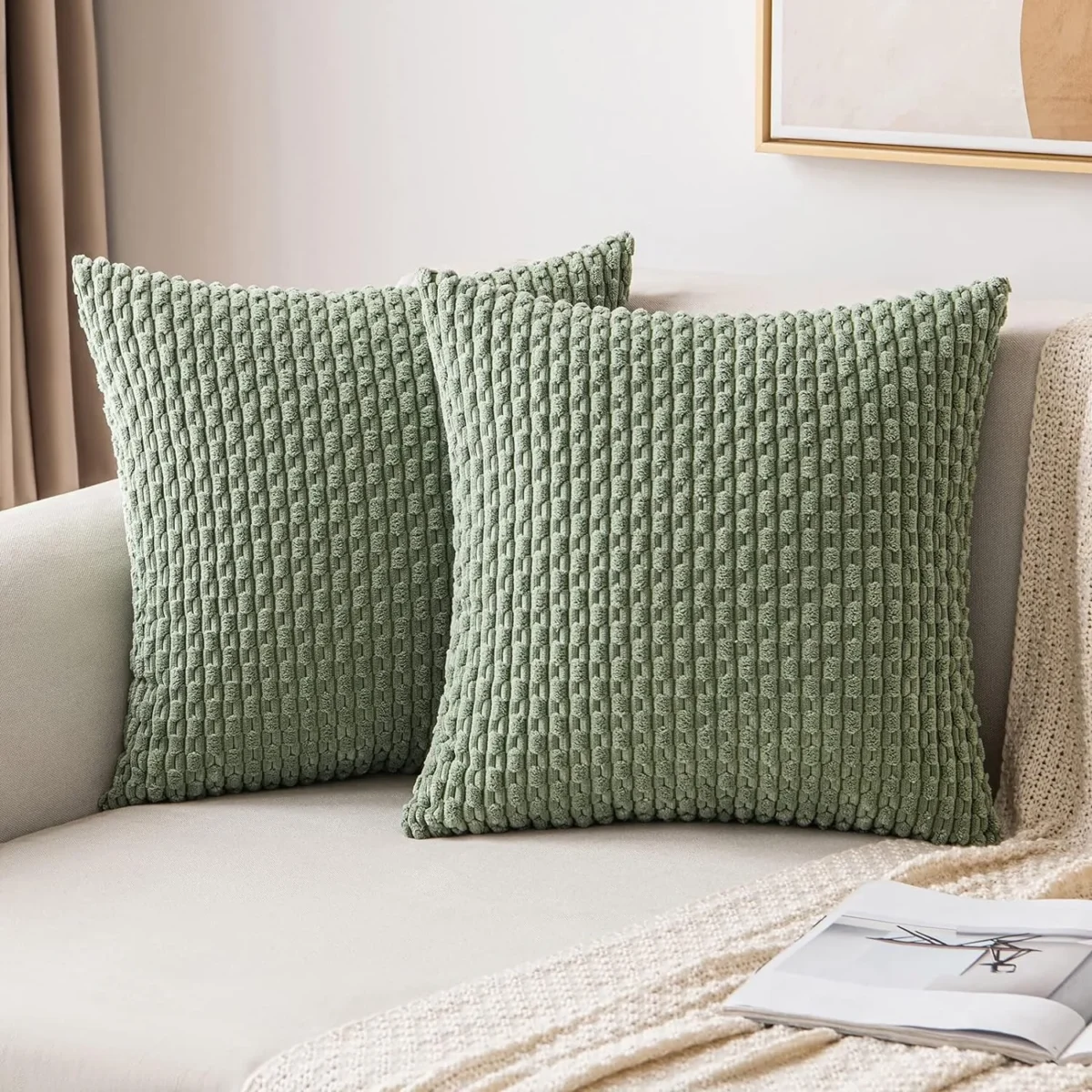 Spring Sage Green Decorative Throw Pillow Covers 18x18 Soft Corduroy Striped Square Pillow Covers for Couch Living Room Bed Sofa - Image 1