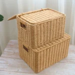 Hand-woven Storage Basket Rattan Storage Tray PP Rattan Basket Bread Fruit Food Breakfast Light Brown With Cover Storage Basket - Image 4