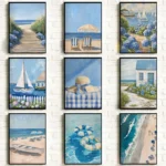 Blue Coastal Beach Sailboat Hydrangea Posters Prints Landscape Canvas Painting Wall Art Pictures Living Room Home Decor Cuadros