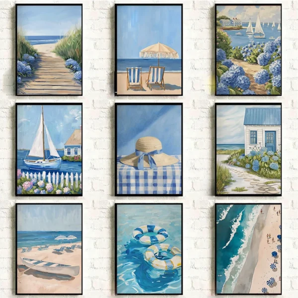 Blue Coastal Beach Sailboat Hydrangea Posters Prints Landscape Canvas Painting Wall Art Pictures Living Room Home Decor Cuadros