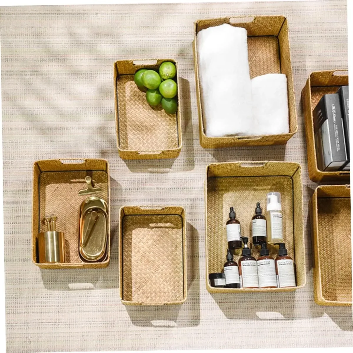 woven Seaweed Storage Baskets Rectangular Organizer Boxes Pantry Storage Laundry Basket Lid Home - Image 2
