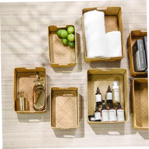 woven Seaweed Storage Baskets Rectangular Organizer Boxes Pantry Storage Laundry Basket Lid Home