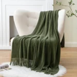 Elegant Green Plaid Chenille Knit Blanket with Tassels - Image 3