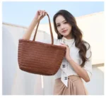 Fashion Leather Handbags Women's Leather Weaving Casual Shopping Bag Vintage Basket Tote Purse Cowhide Cross Shopping bag - Image 3