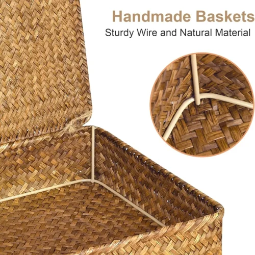 Seagrass Storage Bins with Lid Wicker Storage Baskets for Organizing, Woven Shelf Organizer Bins Home Utility Organizer Box for