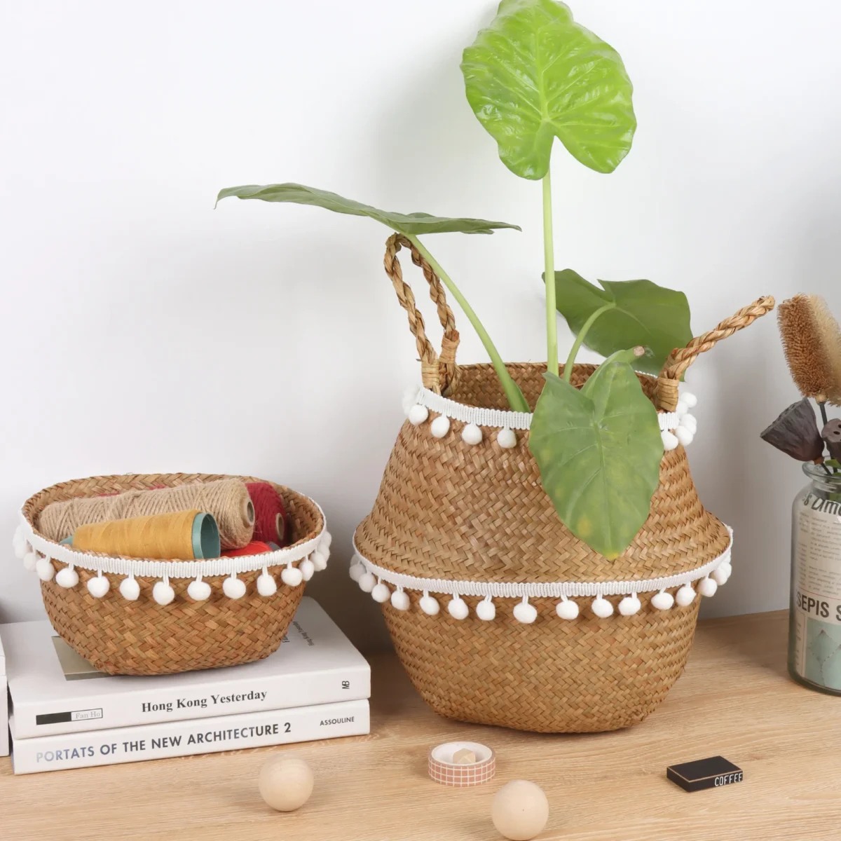 Handmade Seagrass Storage Basket Foldable Laundry Straw Wicker Rattan Seagrass Belly Garden Flower Pot home decor Planter Basket - Image 3