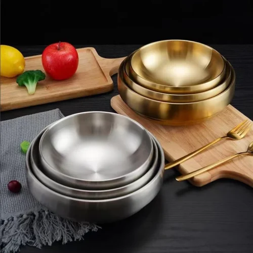 304 Stainless Steel Double Layer Cold Noodle Bowl Gold Silver Korean Style Anti-scald Large Salad Soup Bowls Kitchen Utensils