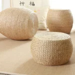 Japanese Style 31x31x20cm Small Non Slip Seat Bench Cushion Round Footstool Rattan Woven Stool Floor Pouf Straw Mat Home Textile - Image 2