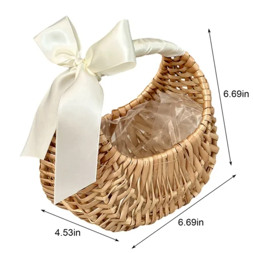 Flower Girl Baskets w/Handle and Ribbon Bow,Handwoven Flower Half Moon Flower Arrangement Basket