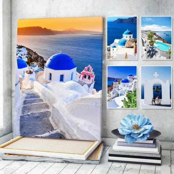 Landscape Painting Wall Art Mediterranean Sea Poster Modular Santorini Greece Pictures Canvas Prints Home for Living Room Decor
