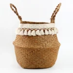 Foldable Handwoven Wicker Storage Baskets Potted Planter Laundry Basket Folding Eco-Friendly Boho Rattan Hanging Basket Seagrass - Image 3