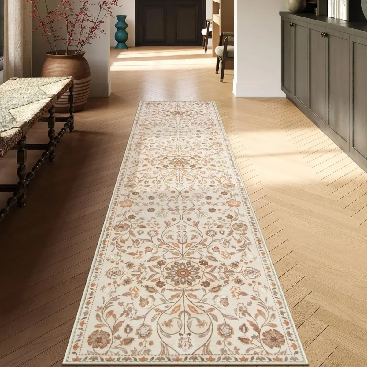 Hallway Runner Rug Kitchen Carpet Non-Slip Bohemian Washable Floral Mat Soft Low Pile Entrance Floor Mat Laundry Room Bath Mats - Image 1